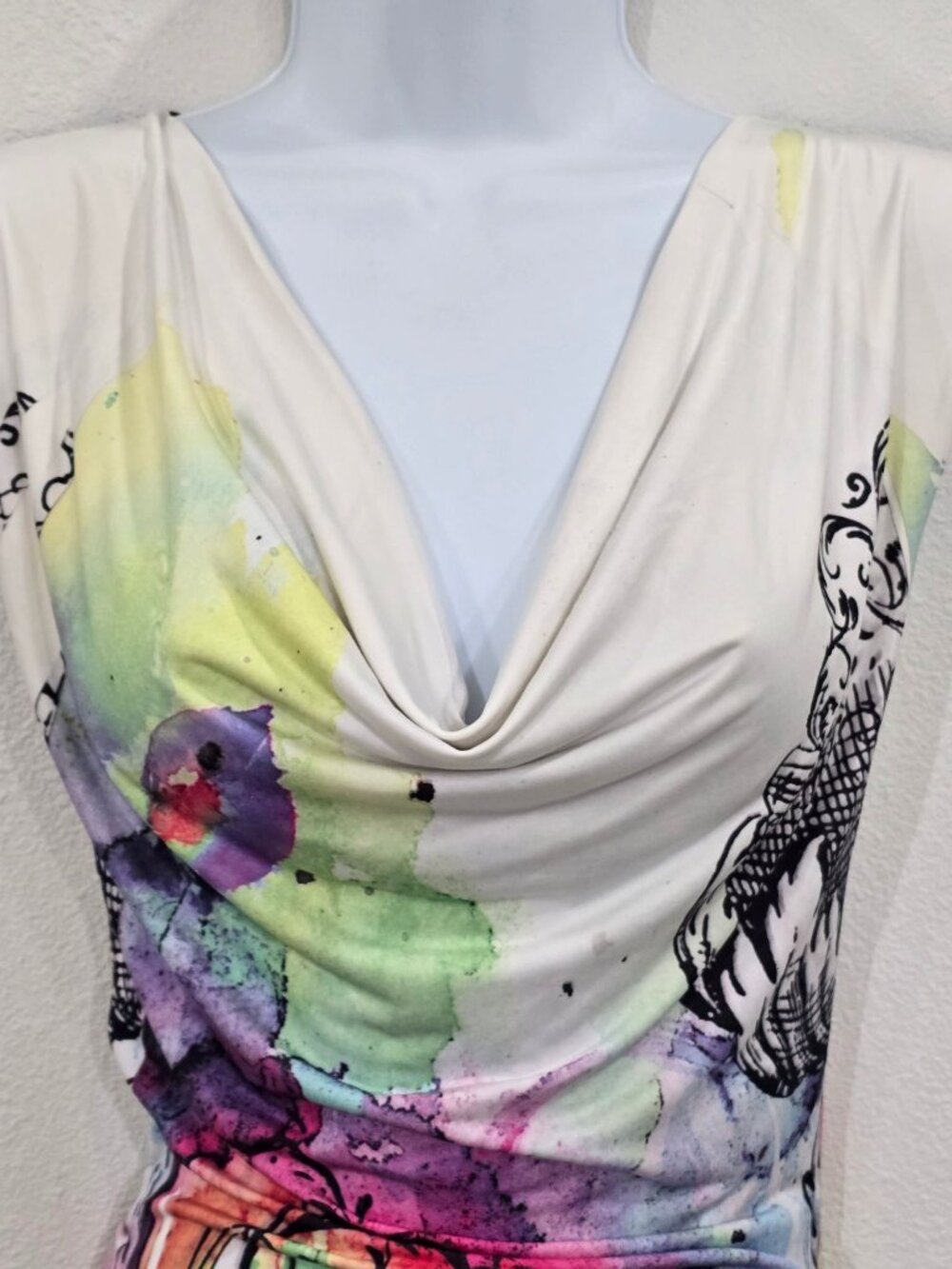 Cesarina ✦ Abstract Multicolor Cowl Neck Dress ✦ Lace Back Ruched Sides S - Picture 5 of 13